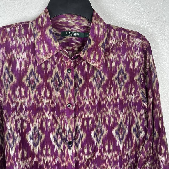 LAUREN Ralph Lauren Womens Medium Silk Cotton Button Up Shirt Purple Ikat Print - Picture 2 of 7